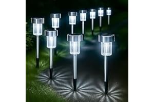GloBrite Pack of 10 Solar Lights Outdoor Garden – Waterproof Stainless Steel LED Solar Garden Lights with Stake for Pathway, Driveway, Patio, Walkway, Lawn, Yard & Landscape Decoration