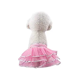 Emily Pets Dog Tutu Skirt,Dogs Birthday Party Supplies-Birthday Dress Cute Pink 3 Layers Net Febric with Silver Border Gota Lace Outfit,Toddler Tulle Female Dog Dresses for Small-Large(M)