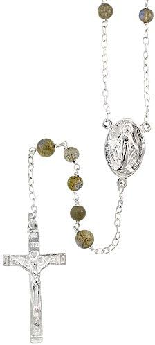 Sterling Silver 30 inch Rosary, w/ 6mm Natural Labradorite Beads, Blessed Virgin Mary &amp; Sacred Heart of Jesus Rosary Center