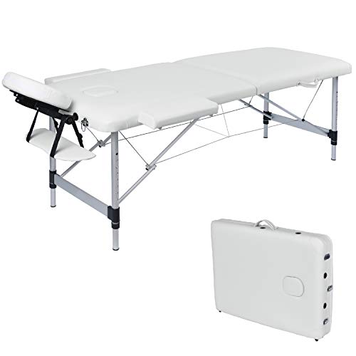 Wellhome Mesa de Masaje de 2 Secciones Aluminio Camilla Cama Portatil Plegable Ligera Camillas Masajes de Profesional Altura Ajustable con Reposacabezas, Apoyabrazos, Bolsa de transporte (Blanco)
