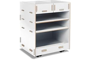 Modulor Kinder-Rollcontainer aus beschichtetem MDF, Schreibtisch Rollschrank (BxHxT: 38 x 49 x 34 cm) mit Zwei Schubladen und DREI Fächern, weiß