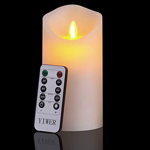 LED Velas sin llama ? 8CM x H 15CM Set de 1 real de cera no plásticos pilares 10 teclas de control remoto con 2/4/6/8 horas de función del temporizador 200 horas-YIWER (1x1, marfil)