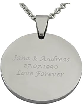 Hanessa Gravierte Kette mit Wunsch Gravur aus Edelstahl in Silber runder Anhänger Schmuck für Herren und Damen