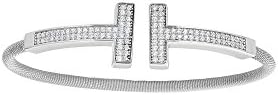 Silver with Rhodium Finish 15-3mm Textured Round T Ube Flexable Coil Wire Cable Type Oval Shape Cuff Bangle
