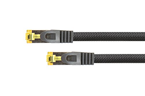 Python Series RJ45 Ethernet LAN Patchkabel mit Cat. 7 Rohkabel, mit Rastnasenschutz RNS und Nylongeflecht, S/FTP, PiMF, halogenfrei, 500MHz, OFC, 10-Gigabit-fähig (10/100/1000/10000-Base-T Ethernet Netzwerke) - z.B. für Patchpanel, Switch, Router, Modem - schwarz, 1m