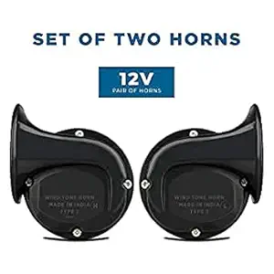 URJIT Universal Windtone Horn (2 and 4 wheelers), Black color, Heavy plastic body, Set of 2, 12V Voltage