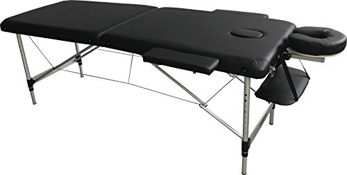 H-ROOT - Mesa de masaje portátil de aluminio ultraligera con 2 secciones, con bolsa de transporte (186 x 68 x 59 - 80 cm), color negro