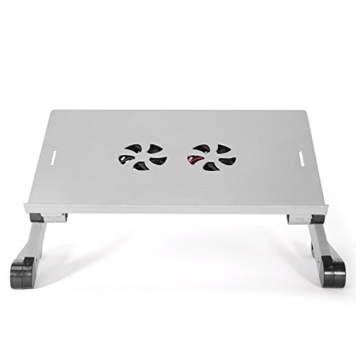 TRESKO® klappbarer Notebook-Tisch Laptop-Ständer Beamer-Tisch, aus hitzeabsorbierendem Metall, 15 kg Tragkraft, mit Luftschlitzen zur Laptop-Kühlung, auch als Frühstücks-Tablett oder Stativ verwendbar, individuell höhenverstellbar für ergonomische Sitzposition, in verschiedenen Farben (schwarz und silber) und Ausführungen (mit und ohne Lüfter, Stromversorgung per USB) (Silber) - 2