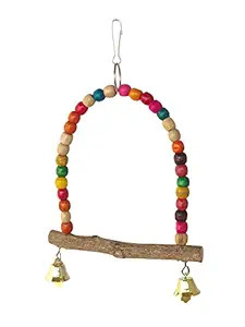 KSK Bird Swing Cage Accessories Bird Swings for Cockatiels conure Bird Swing for Parakeets Small Medium Pet Bird Lovebird Budgie Handmade Natural Wooden colour full beeds Bird Toys cage Accessories Small