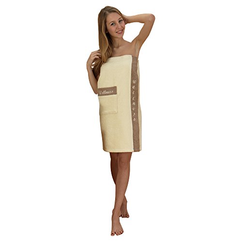 Class Home Collection Damen Frottee Baumwolle Sarong Saunakilt Wellness Stickerei Creme / Beige