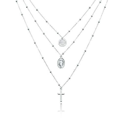 WikiMiu Collier Multirang Ras de Cou Femme avec Pendentif Croix et Mère de Dieu, Bijoux Fantaisie Cadeau Parfait pour Anniversaire Noël et Fêtes (Argent)