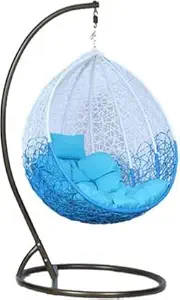 ROXXFLY Swing Chair with Cushion Furniture Metal; Rattan and Wicker Cocoon Ball Basket Chair Hanging Swing with Tufted Outdoor Poly-Fibre Patio Seat Padded Cushion Pillow (Blue)