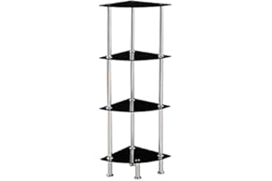 Modernique Glass Shelf Tier Storage Unit, Corner in Black or Clear Glass with Chrome Stand, Shelving Unit (Black, Tier 4)