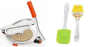 Combo of Stainless Steel Puri Press/Puri Machine/Papad Maker Machine with Big Spatula and Oil Brush Set