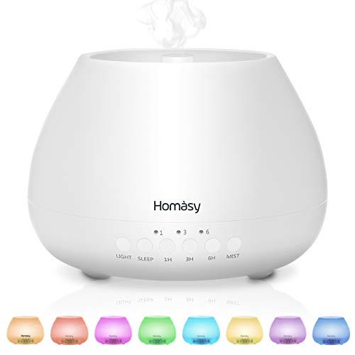 Homasy 500ml Diffuseur Huiles Essentielles, Humidificateur Ultrasonique Portable à Brume Fraîche, Veilleuse LED 8 Couleurs, avec Technologie de Réduction du Bruit, pour Chambre/Salon/Bureau/Spa-Blanc