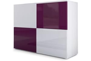 ‎VLADON Vladon Sideboard Rova, Made in Germany, Kommode mit 4 Türen, Weiß matt/Weiß Hochglanz/Brombeer Hochglanz (92 x 72 x 35 cm)