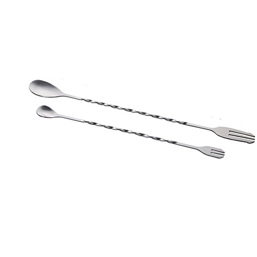 Cucchiaio di Miscelazione con Forchetta,Cucchiaio di Miscelazione in Acciaio Inox con Forchetta, Manico a Spirale Cucchiaio da bar, Forchette di Frutta, 2pc, Lungo - 32cm , Piccolo - 25cm