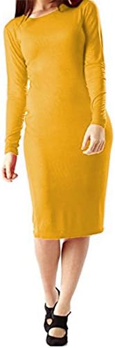 Dress Midi Bodycon Ladies long Sleeves Plus Size Stretch Plain Jersey Casual Summer Wear Party Dress MUSTARD UK SIZE M/L(12-14)