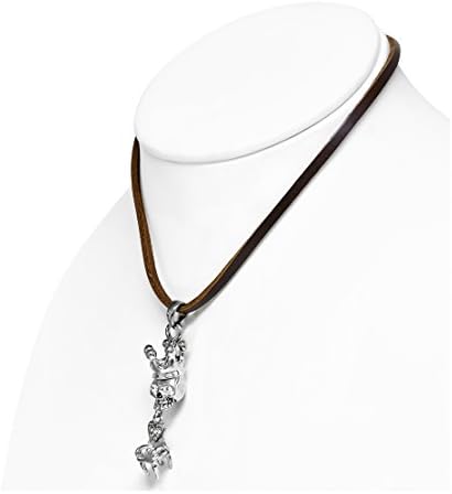 Fashion Alloy 2-Tone Princess Crown Skull Chair Charm Brown Leather Biker Necklace with Clear CZ