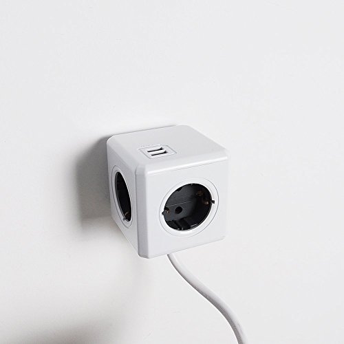 Allocacoc PowerCube 2 x USB Port 5V/2.1A mit 4 Verteiler 3M Verlängerungskabel Power Strip Steckdose 230V Schuko, Grau - 5