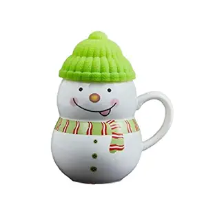 YANCI Ceramic Snowman Mug with Silicone Lid Creative Tea Coffee Milk Cups Ceramic Tea Cup for Xmas Birthday Gift Mug (340 ml, Green, 1 Piece)