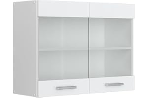 Vicco Glass kitchen cabinet Raul, White High Gloss/White, 80 cm