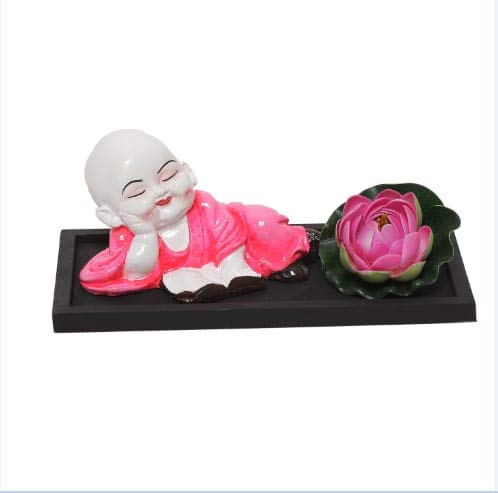 SN Handicrafts Baby Laughing Buddha Reading Book Polyresin Statue with Lotus & Wooden Tray Best Home Decoration Items