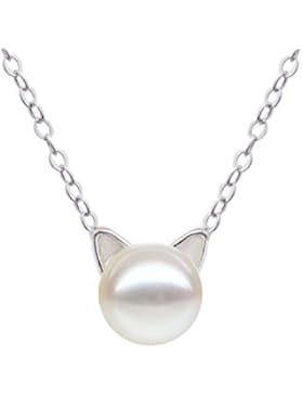 Damen Kette Katze Perlenkette Sterling Silber 925 Halskette Katze Form Süßwasser Perlen Anhänger für Frauen Mädchen