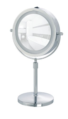 WENKO 3656540100 LED Kosmetikspiegel Lumi, Spiegelfläche ø 13cm, 500% Vergrößerung, Stahl, 21 x 35-45 x 13.5 cm, Chrom