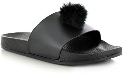 Womens Faux Fur Pom Pom Wide Strap Thick Comfy Sponge Platform Sole Slip On Slider Sandals Shoe Sizes 3-8 UK