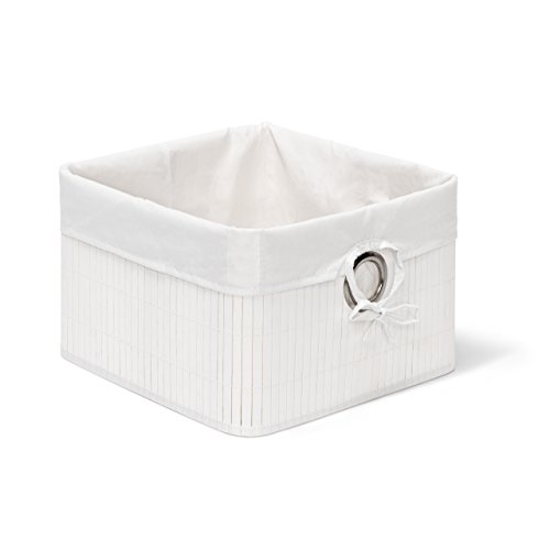 Relaxdays Aufbewahrungskorb Bambus H x B x T: ca. 20 x 31 x 31 cm Regalkorb für Regal und Schrank mit abnehmbarem Stoffbezug als dekorative Aufbewahrungsbox mit Griff und Stauraum zum Falten, weiß