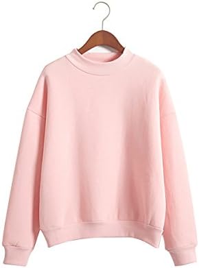 QiuLan Women Ladies Solid Color Mock Neck Loose Sweatshirt Casual Long Sleeve Top Blouse Hoodie (X-Large,Pink)