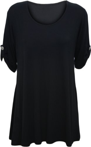 Womens Plus Size Scoop Neck Short Sleeve Flared Ladies Long Plain Top - Black - 16