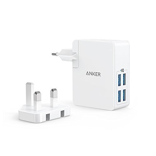 Anker PowerPort Lite 27W 4-Port USB Ladegerät mit Austauschbarem UK und EU Reiseadapter und Power IQ für iPhone 7 / 6s / 6 /5s/ SE, iPad Air 2 / mini 3, Galaxy S7 / S6 Edge und Weitere (Weiß)