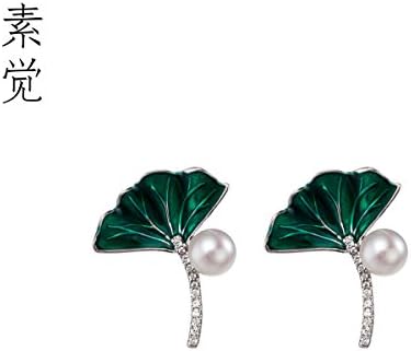 BAGEHAN 925 Silver Pearl Earrings Female Earrings Green Leaves Ear Pin,A