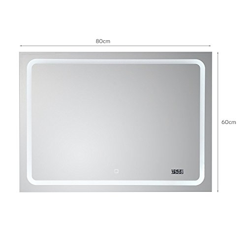 Badspiegel Wandspiegel Silber 80x60cm mit LED Beleuchtung, Digitaluhr, Touch Sensor, Energieklasse A+, Querformat, extra flach - 5