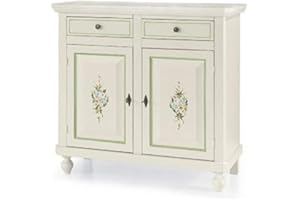 Mar.c.a. Design - Credenza Fiorata Floreale Shabby Soggiorno, Legno di Pioppo Bianco Decorato, Credenza Arte Povera, Mobile Soggiorno con 2 Porte Made in Italy - Mis. 104x43x98h