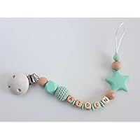Schnullerkette mit Namen in Mint mit Silikon- und Häkelperlen und einem großen Stern