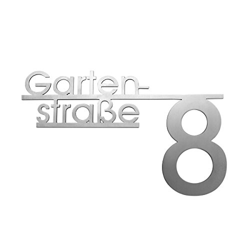 Preisvergleich Produktbild Thorwa Design Hausnummer mit Straßenname oder Familienname / Namensschriftzug (Design 4) Hausnummernschild aus Edelstahl mit Wunschschriftzug / Namen / Schriftzug (30cm x 20cm)