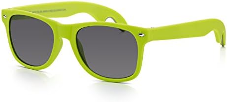 Sunglass Junkie Bottle Opener Sunglasses For Men & Women. Modern Wayfarer Style Frame in Bright Neon Green Rubberised Polycarbonate With Metal Arm Inserts to Remove Bottle Tops At the Beach or Party.