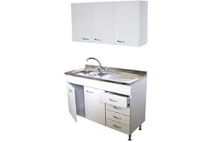 Arredobagno e Cucine Mobile Cucina 120cm 2 Ante, cassettiera DX, lavello Inox, scolapiatti e pensile, Bianco