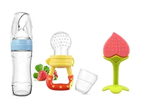 GIlli Shopee Baby Food Feeder Silicone Spoon Bottle for Baby Feeding 120ml & Baby Food Nibbler for Fruit and Veggie & Baby Fruit Shape Silicone Teether for Infants (Yellow/Peach)