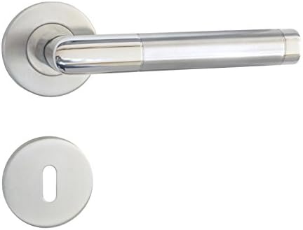 High Quality Emilia Stainless Steel Satin + Polished Door Handle Lever on Rose with Oval Keyhole Escutcheons Handle Sets - With Hold Up Spring - Strong / Rotatable Mounted - Door Handles on Round Rose
