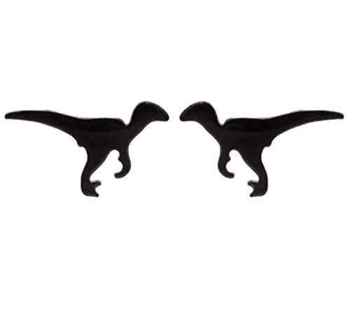 Velociraptor Dinosaur Jurassic Shaped Silhouette Stud Earrings in Black Stainless Steel with a Smooth Gloss Finish