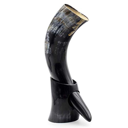 Norse Tradesman Genuino Cuerno de Beber Vikingo | 30cm de Cuerno de Buey con Soporte de Cuerno y Borde de Latón | Saco de Yute Regalo | 