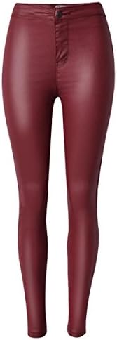 Women'S Pants Leather Disco High Waist Slim Elasticity Straight Trouser Zipper Pocket , Wine Red , 38