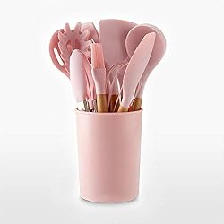 GY-YYYY Set de Cuisine en Silicone avec poignée en Bois de 11 Sets - avec Seau de Rangement - ustensiles de Cuisine - Rose