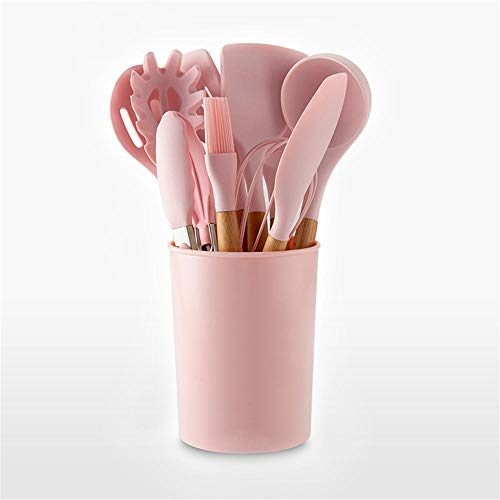 GY-YYYY Set de Cuisine en Silicone avec poignée en Bois de 11 Sets - avec Seau de Rangement - ustensiles de Cuisine - Rose
