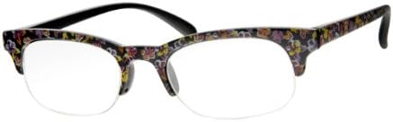 Womens Fashion Designer Style Half Frame, Multi Flower Print Reading Glasses +1.50, Incl Slip In Case, Retro Ladies