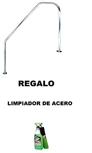 Pasamanos baranda de bajada piscina FX L. 1829mm. Acero inoxidable. AISI 316. Dos puntos de apoyo dos escalones con tramo recto de 458mm + tramo inclinado pletinas + tornillos + tacos. REGALO Limpiador de acero